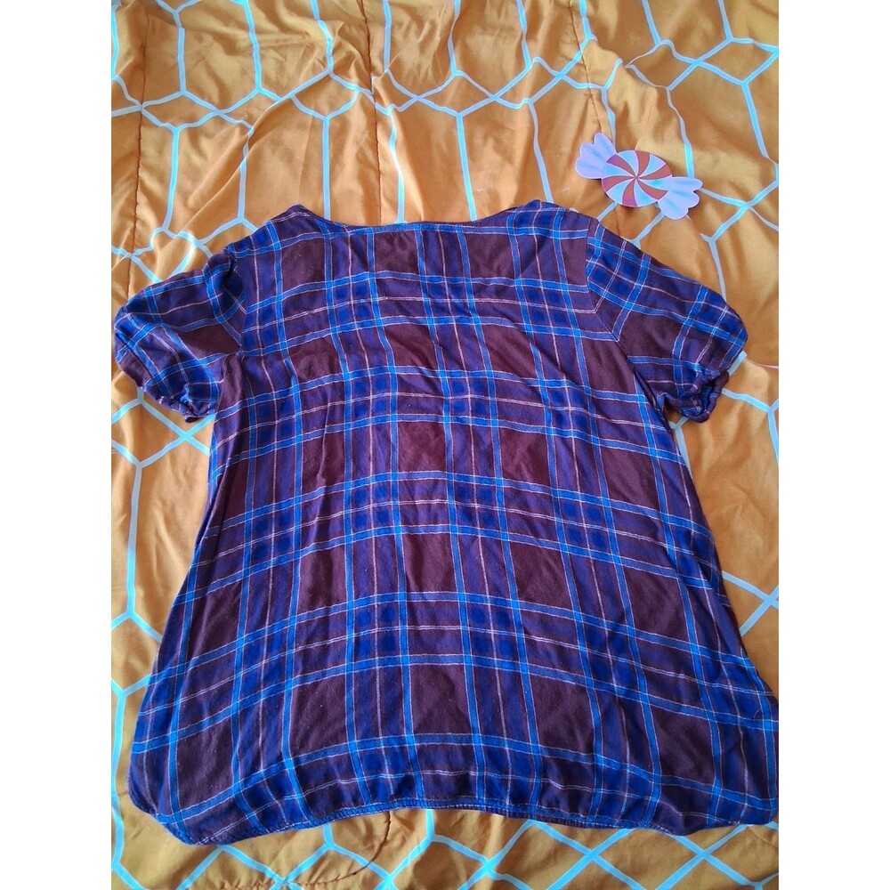 Massini Women's Burgundy Blue Plaid Short Sleeve Blouse XL Regular Size